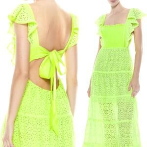 Alice+Olivia XS Jules Eyelet $595 Midi Nap Dress Cotton Bow Tie Lime Green 0 2